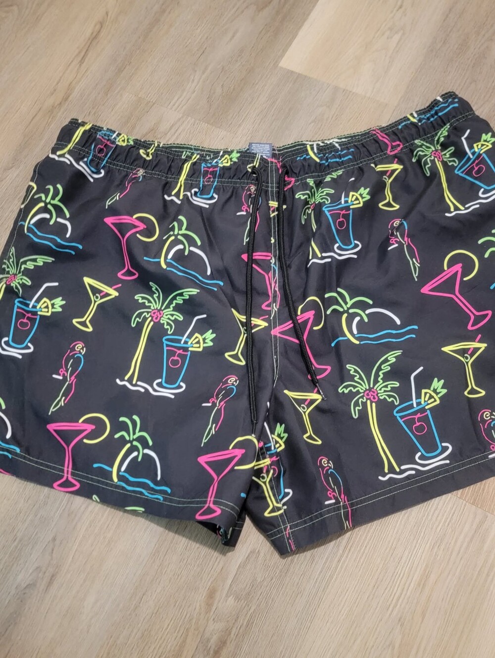 2-$10...George Big & Tall Sz 3XL Black w/Neon Tropical Drink Printed Swim Trunks